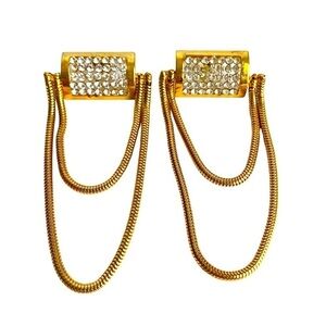 Vintage Rhinestone Gold Tone Statement Earrings Bling Snake Chain Dangle 70s 80s